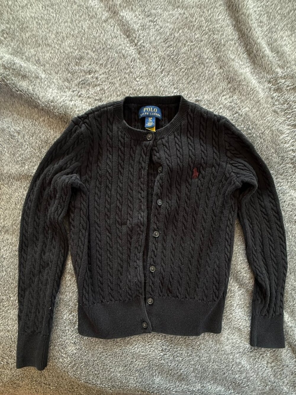 Polo Ralph Lauren Girls Black Cable Knit Cardigan Sweater Size S/P (7) Red Pony